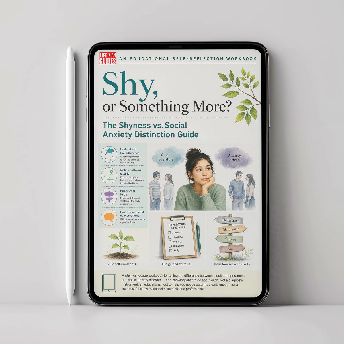 A tablet device standing upright against a light gray wall, displaying a printed workbook cover titled "Shy, or Something More?" with the subtitle "The Shyness vs. Social Anxiety Distinction Guide.