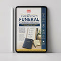 A tablet device displaying a printed or digital guide titled "The Emergency Funeral Coordination Kit" by The All-Over Things, shown against a clean light gray background.