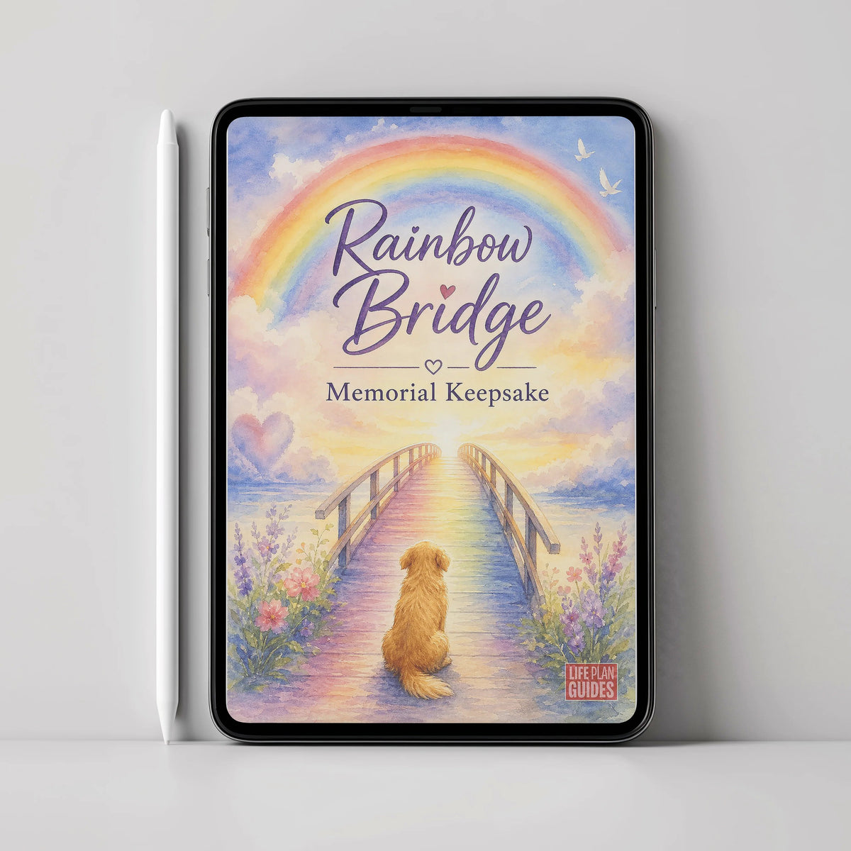 A tablet device displaying a memorial keepsake artwork titled "Rainbow Bridge Memorial Keepsake," showing a pastel rainbow, bridge, flowers, and a dog sitting on the path. The tablet is shown upright against a light gray wall with a white tablet beside it.