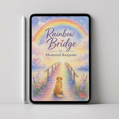 A tablet device displaying a memorial keepsake artwork titled "Rainbow Bridge Memorial Keepsake," showing a pastel rainbow, bridge, flowers, and a dog sitting on the path. The tablet is shown upright against a light gray wall with a white tablet beside it.