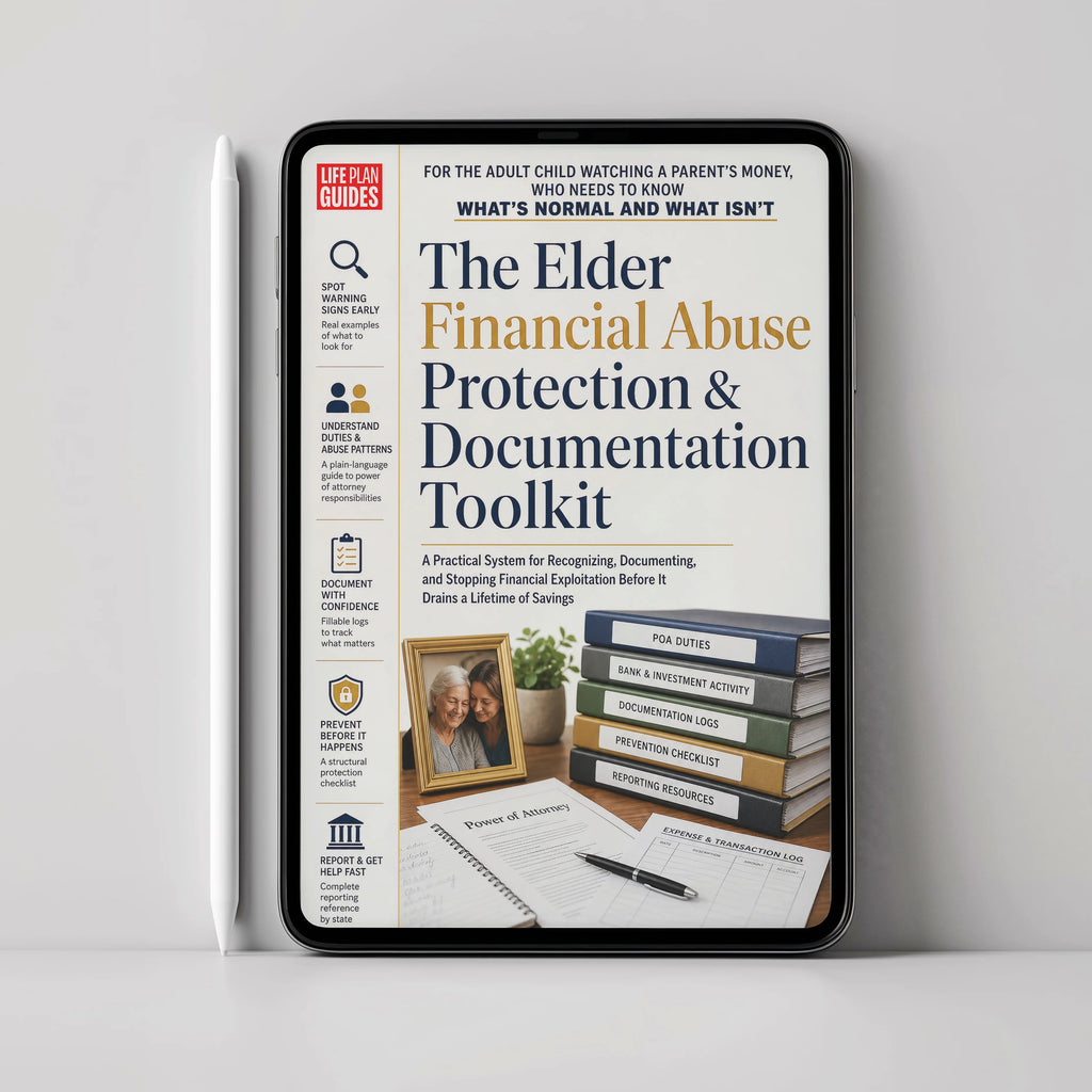 A hardcover booklet titled "The Elder Financial Abuse Protection & Documentation Toolkit" stands upright against a light gray background. The cover is mostly white with black and gold typography, plus small photos and documents shown on the front.
