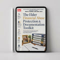 A hardcover booklet titled "The Elder Financial Abuse Protection & Documentation Toolkit" stands upright against a light gray background. The cover is mostly white with black and gold typography, plus small photos and documents shown on the front.