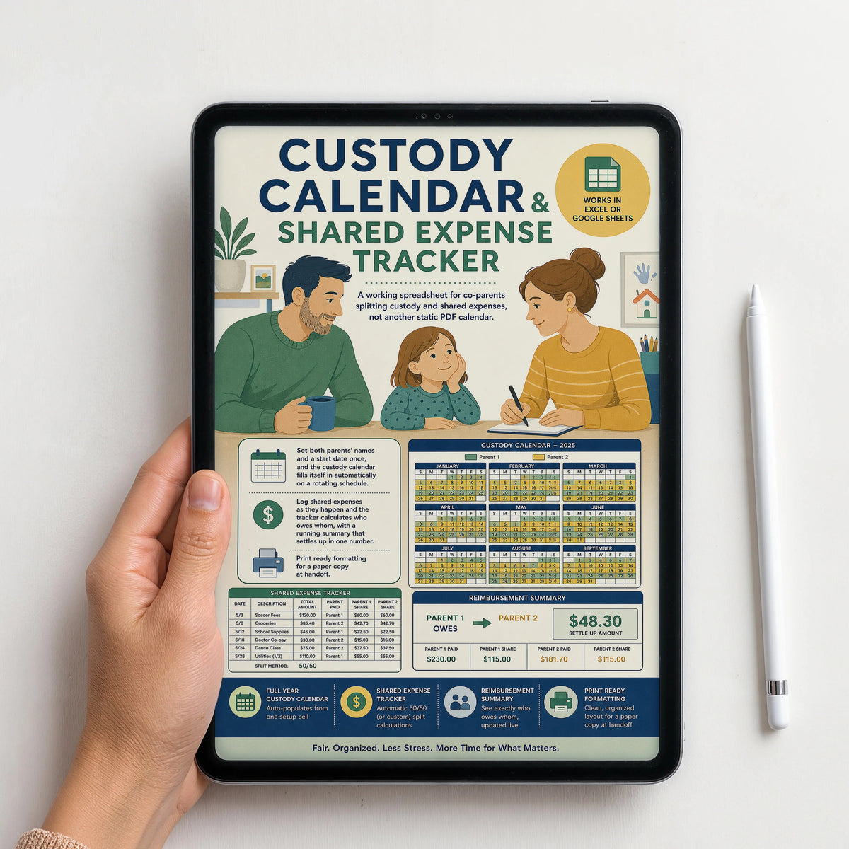 A hand holds a tablet displaying a 'Custody Calendar & Shared Expense Tracker' graphic, with a white stylus standing beside it on a light background.