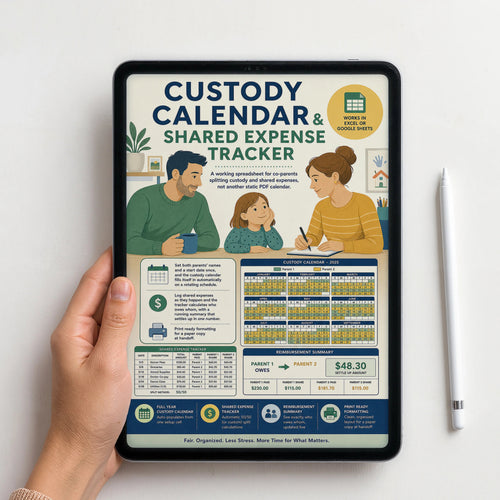 A hand holds a tablet displaying a 'Custody Calendar & Shared Expense Tracker' graphic, with a white stylus standing beside it on a light background.