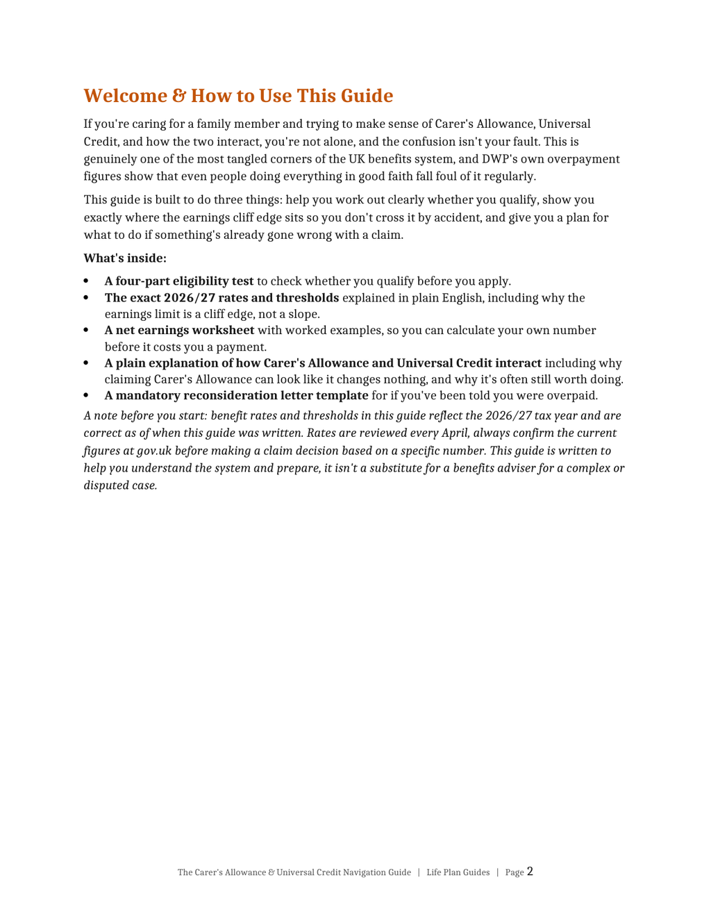 The Carer's Allowance & Universal Credit Navigation Guide, welcome and how to use page preview