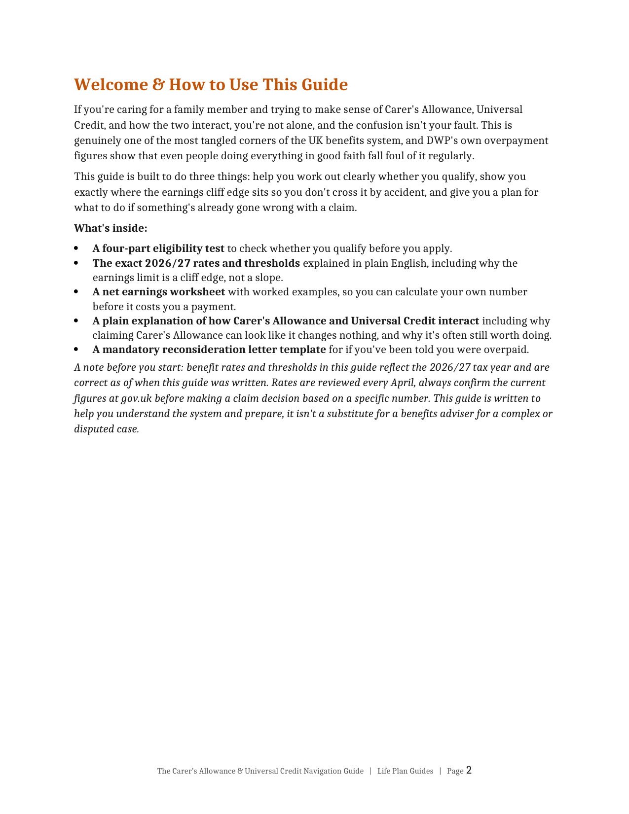 The Carer's Allowance & Universal Credit Navigation Guide, welcome and how to use page preview