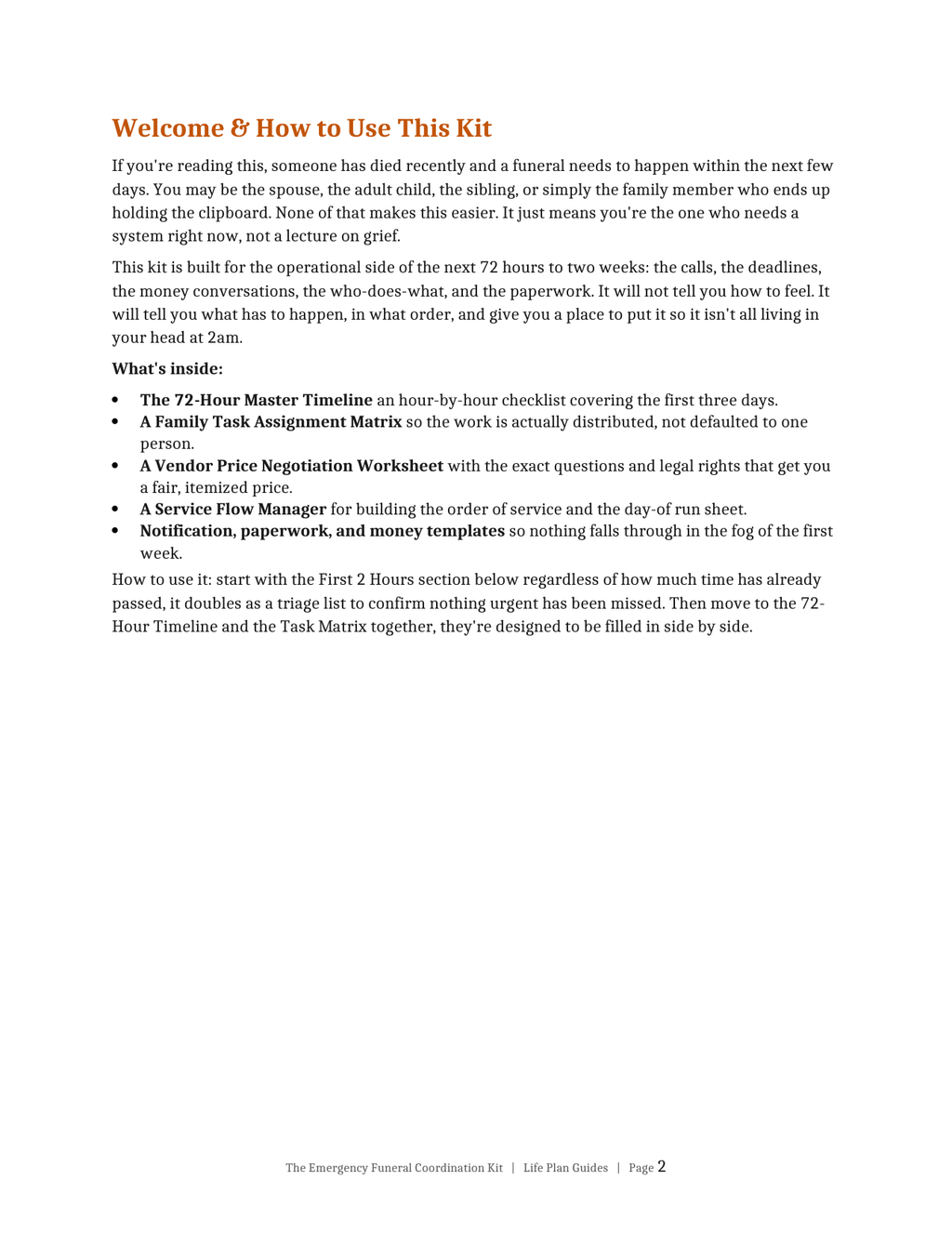 The Emergency Funeral Coordination Kit, welcome and how to use page preview