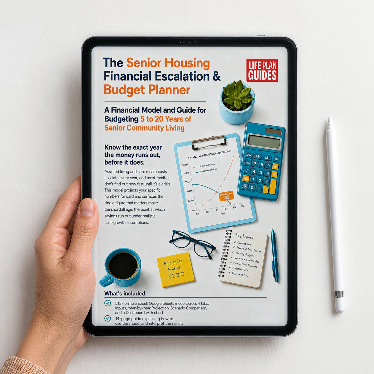 A hand holds a tablet displaying a financial planner cover titled "The Senior Housing Financial Escalation & Budget Planner" with the Life Plan Guides logo. A white stylus rests on a white surface beside the tablet.