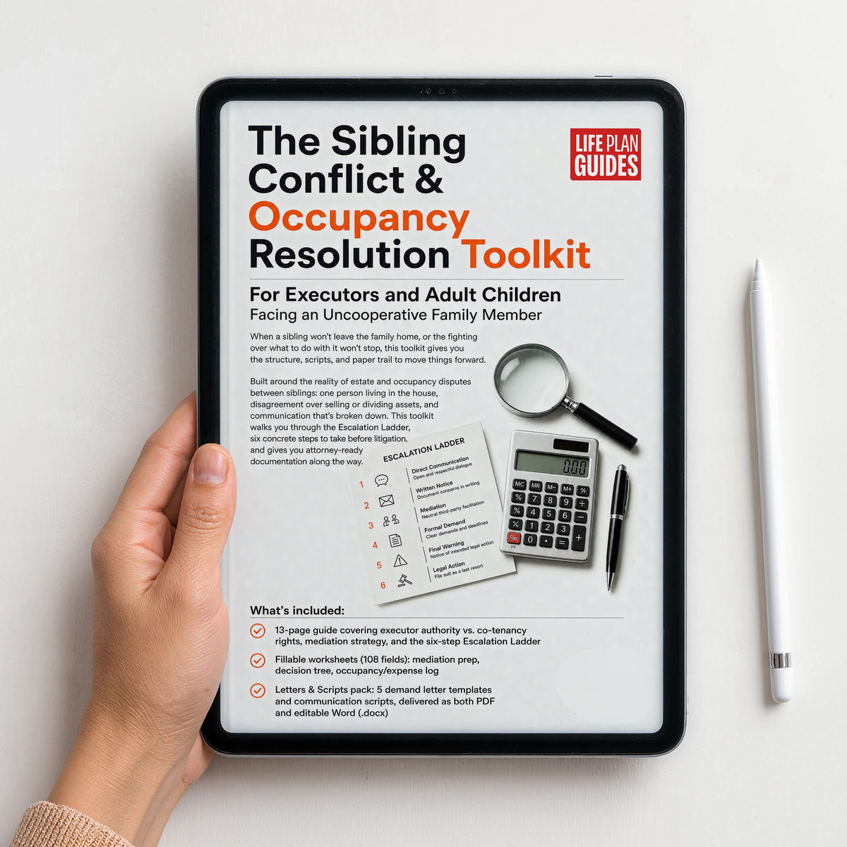 A hand holds a tablet displaying a digital guide titled 'The Sibling Conflict & Occupancy Resolution Toolkit' from Life Plan Guides. A white stylus rests on a clean white surface beside the tablet.