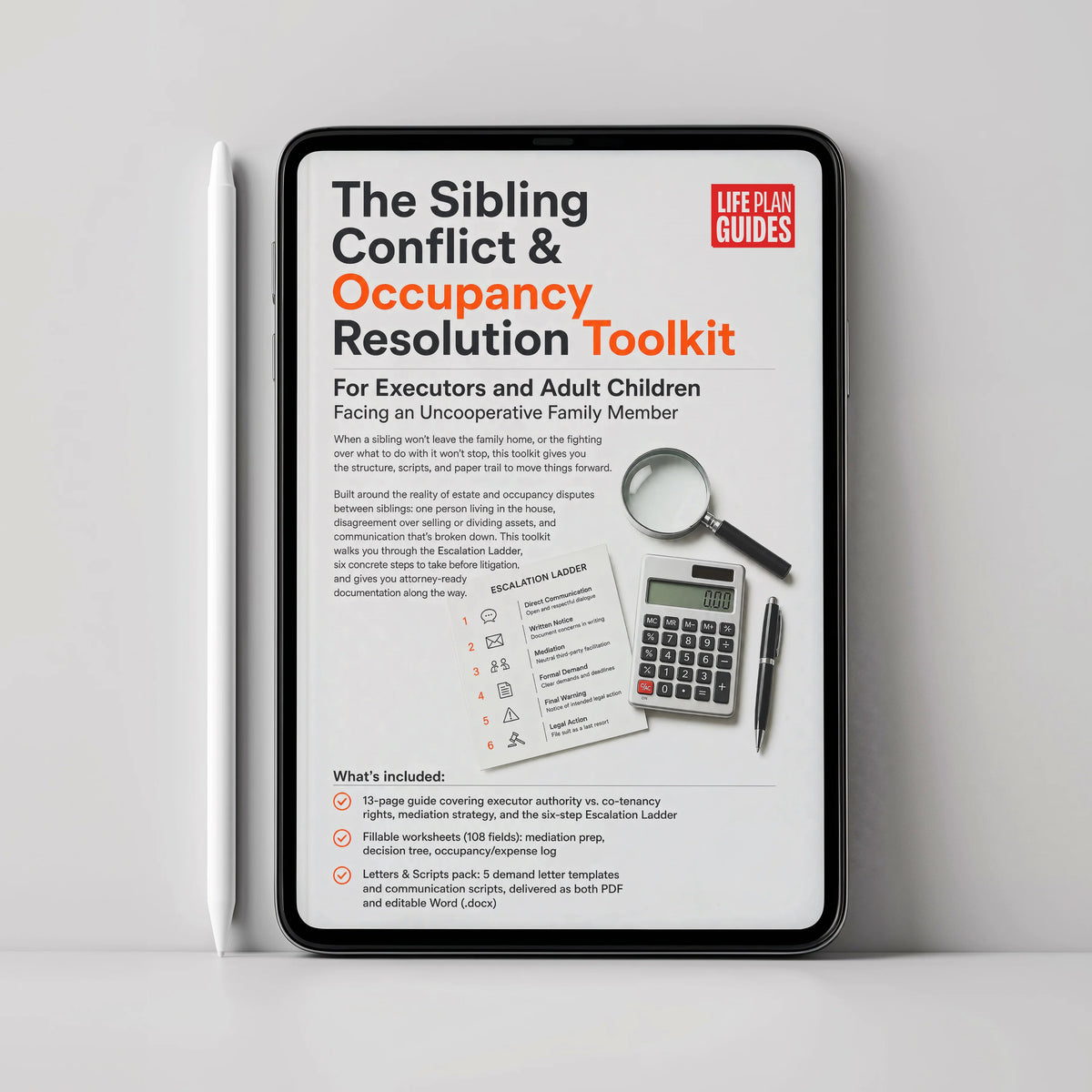 A tablet device displaying a digital guide titled "The Sibling Conflict & Occupancy Resolution Toolkit" by Life Plan Guides, shown against a clean light gray background.