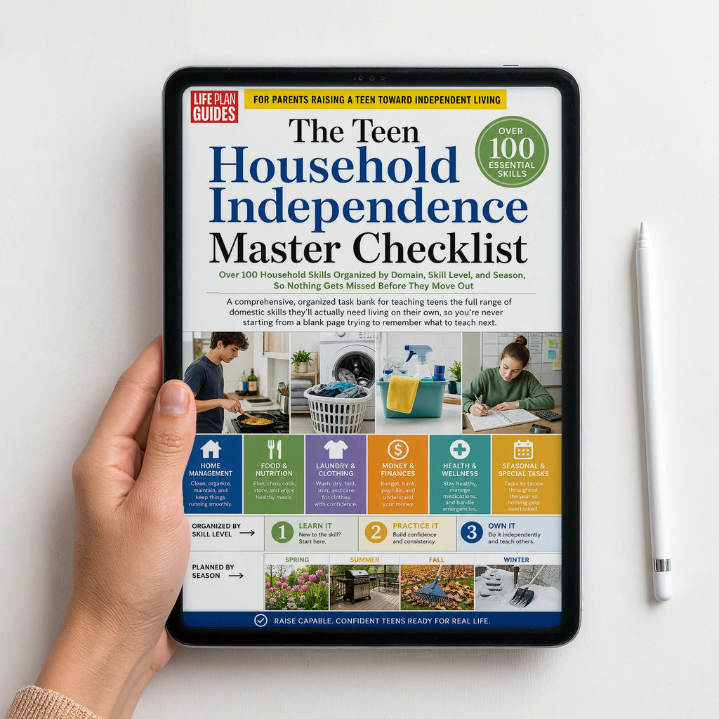 A hand holds a tablet displaying the cover of 'The Teen Household Independence Master Checklist' by Life Unbiased, with a white stylus standing beside it on a clean white background.