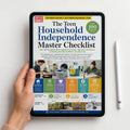 A hand holds a tablet displaying the cover of 'The Teen Household Independence Master Checklist' by Life Unbiased, with a white stylus standing beside it on a clean white background.