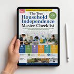 A hand holds a tablet displaying the cover of 'The Teen Household Independence Master Checklist' by Life Unbiased, with a white stylus standing beside it on a clean white background.