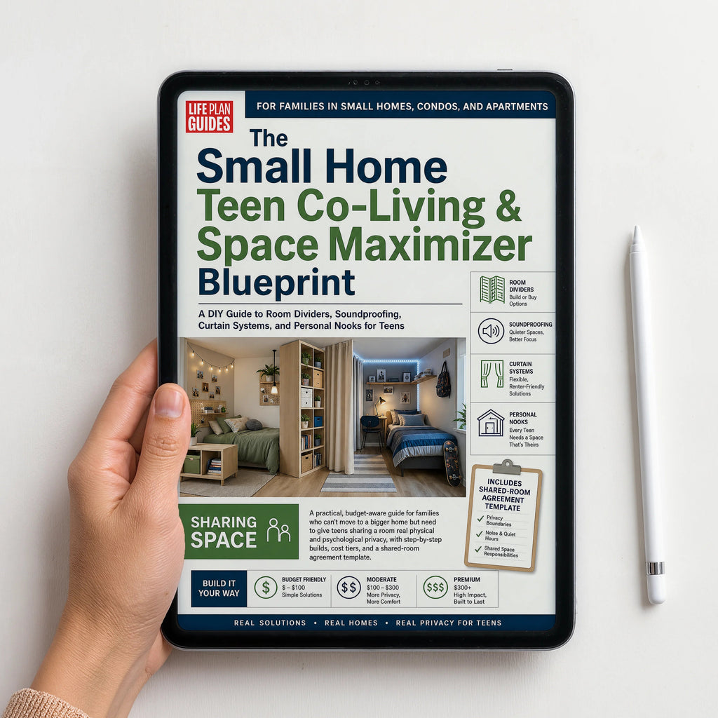 A hand holds a tablet displaying the cover of the book 'The Small Home Teen Co-Living & Space Maximizer Blueprint' by Life is Good. A white stylus rests on a clean white surface next to the tablet.